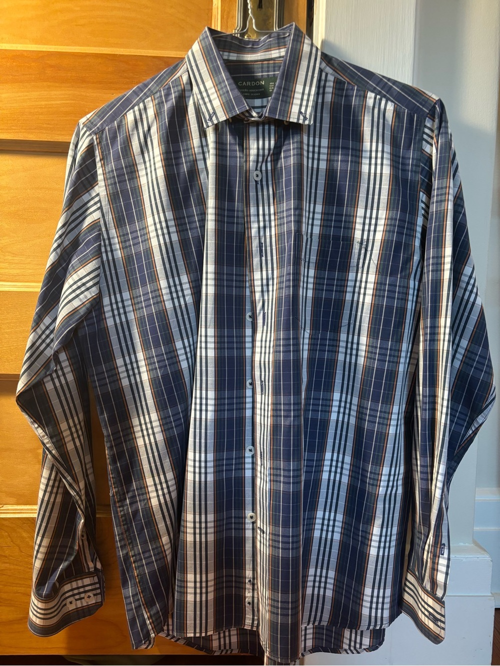 Men's Navy and White Plaid Button-Down Shirt